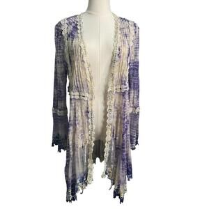 Paris Hues M Purple Tie Dye Lace Trim Sheer Boho Duster Kimono